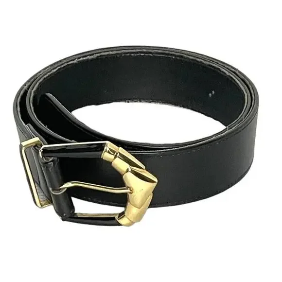 St. John Black Leather Belt with Gold Buckle Leather Loop Belt – St. John Knits main image 4